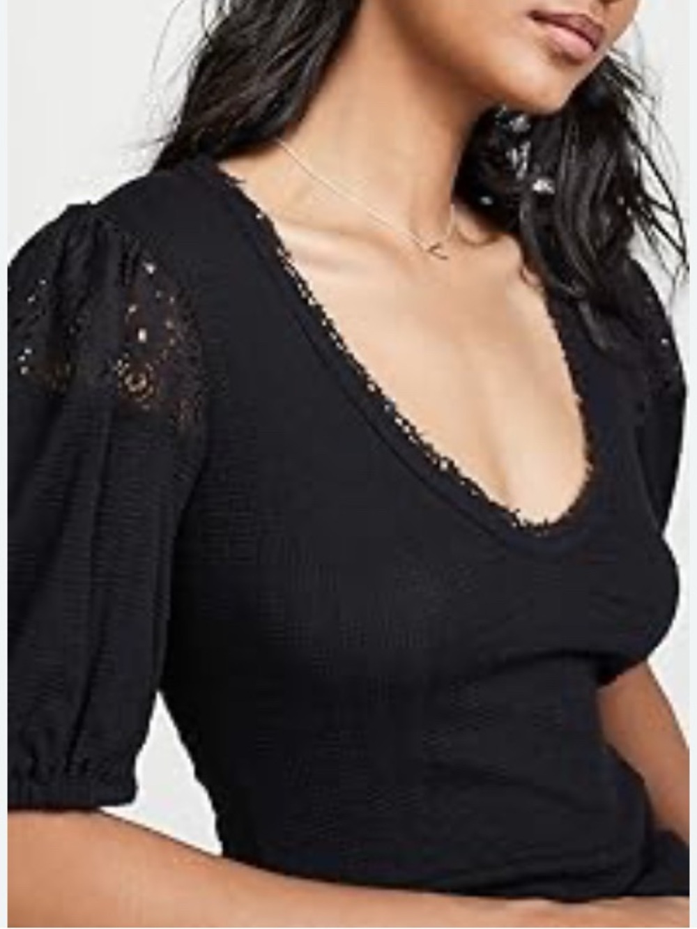 ST JAMES BLACK RIBBED TOP Deep Scoop Puffy Sleeves NWT FREE PEOPLE